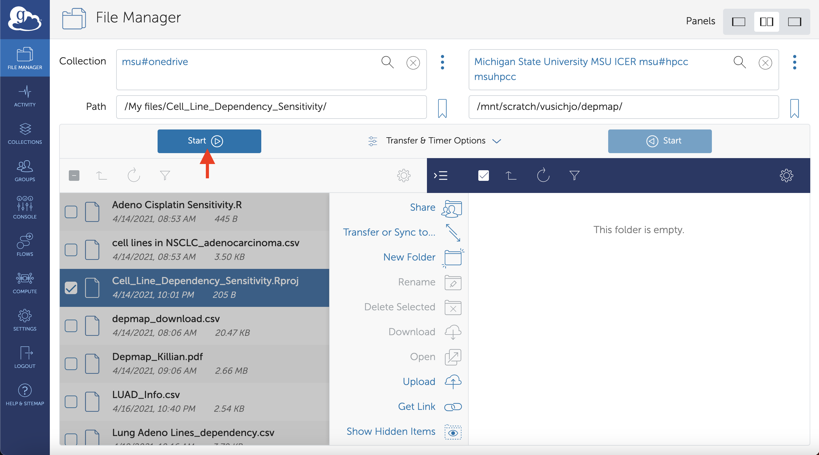 Start Transfer from OneDrive to HPCC