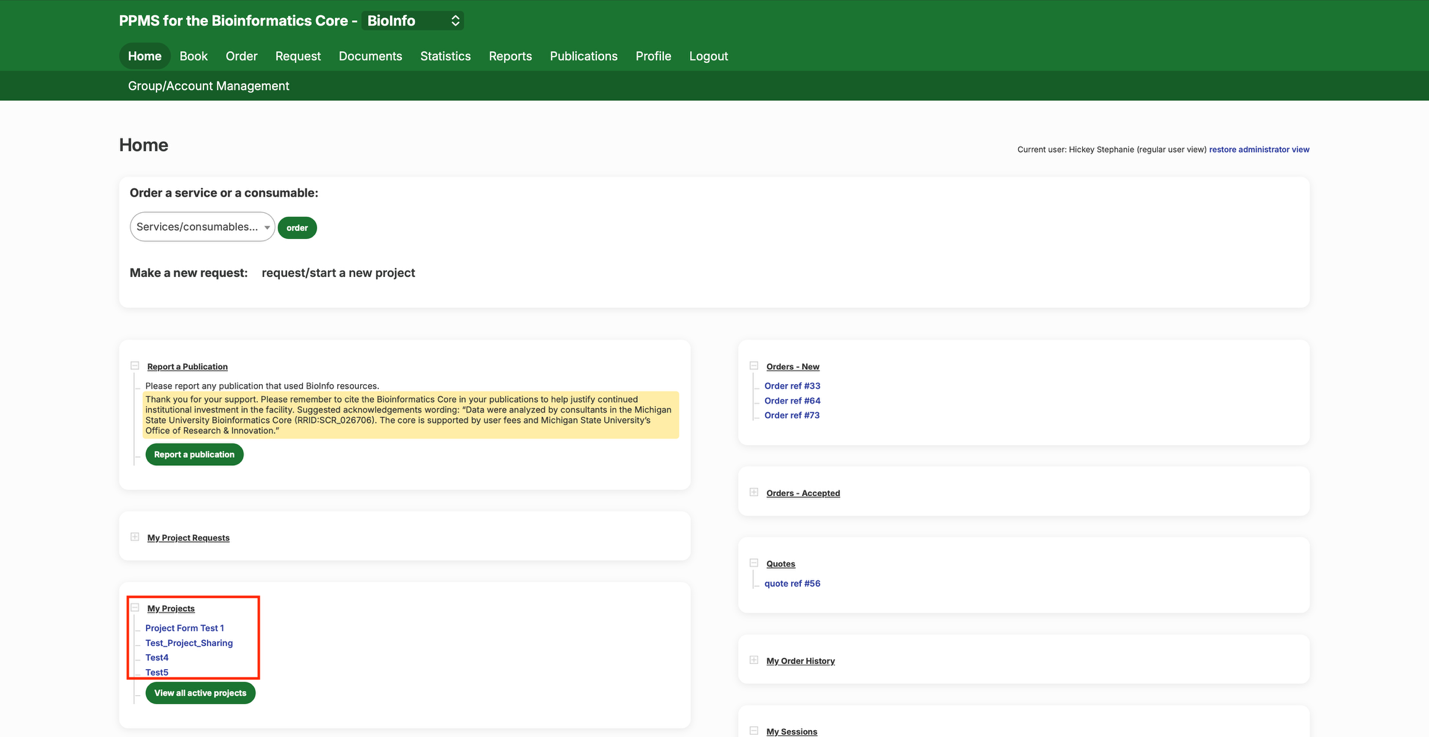 My Projects section of the PPMS home page