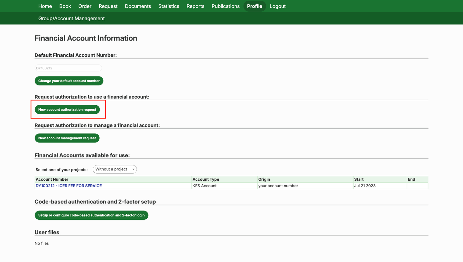 New account authorization request button