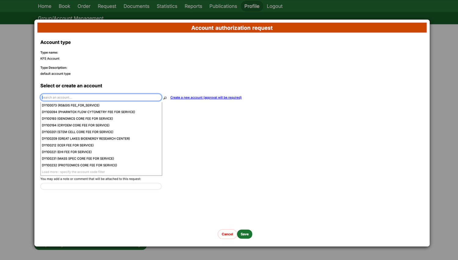 Search and select an existing account