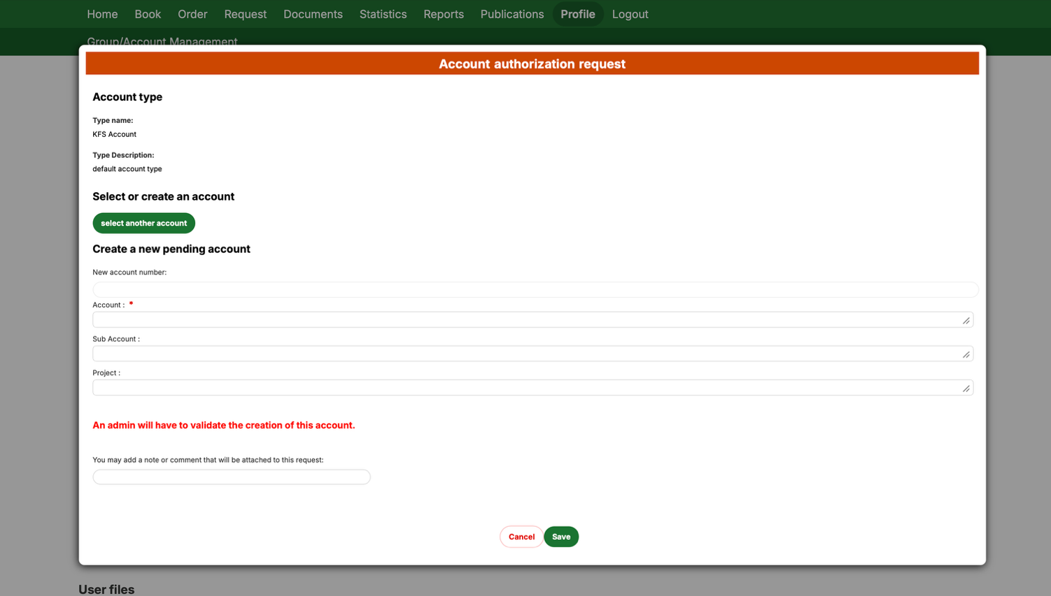 Create a new pending account form