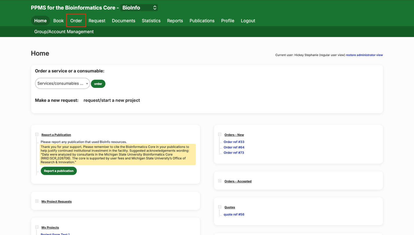 Order tab at the top of PPMS